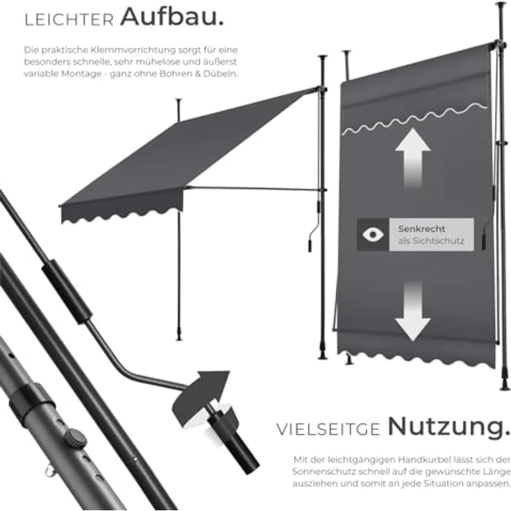 tectake® Klemmmarkise mit Handkurbel, Balkon Markise ohne Bohren, Markise höhenverstellbar, UV-beständig, wasserabweisend, Terrassenüberdachung, Sonnenschutz Terrasse & Balkon, 150 cm - schwarz/grau – Bild 4