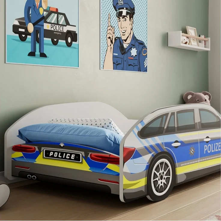 Kids Collective Autobett Kinderbett Jugendbett 70x140 und 80x160 cm Polizei Motiv, mit Rausfallschutz Kinder Spielbett 70x140 cm – Bild 3