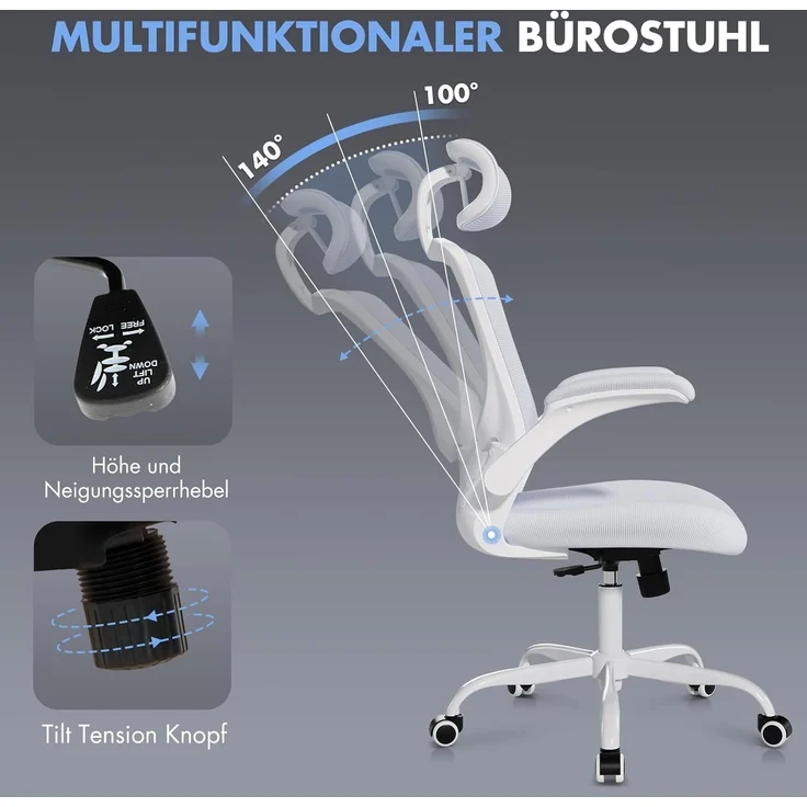 COLAMY Bürostuhl Ergonomisch, Netz-Schreibtischstuhl mit Verstellbarer Kopfstütze, Chefsessel Office Chair mit Lendenwirbelstütze, Verstellbarer Neigungsverschluss Drehstuhl, Weiß – Bild 4
