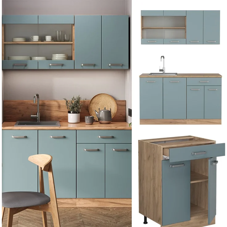 Singleküche R-Line Blau-Grau/Goldkraft Eiche 140 cm , AP Anthrazit Vicco – Bild 2