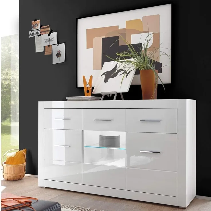 Anrichte Sideboard BALVE-61 in weiß Hochglanz mit Glasausschnitt und Beleuchtung BxHxT: 164 x 97 x 42 cm