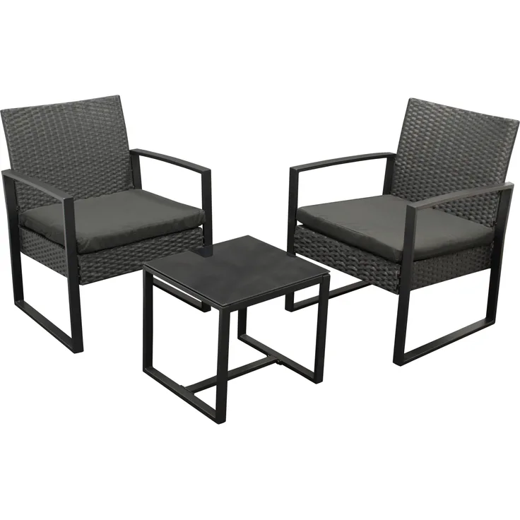 Garnitur MALTA 3-teilig, Metall schwarz und Polyrattan schwarz, mit Polstern