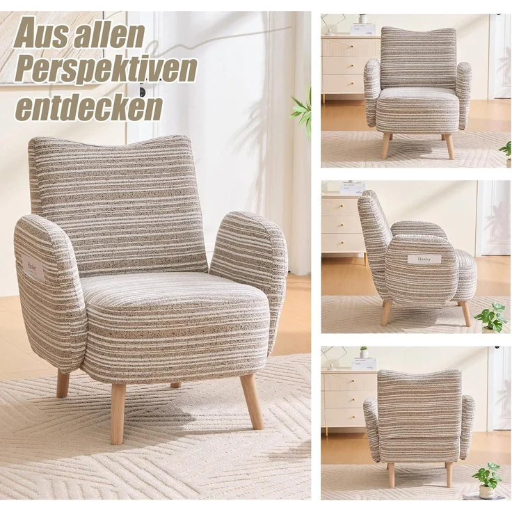 Ohrensessel Fernsehsessel Boucle Sessel Massivholzbeine 77x81cm Khaki – Bild 6