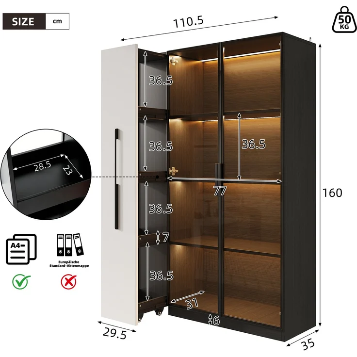 LED-Glasvitrine 110,5 x 35 x 160 cm aus MDF und Sicherheitsglas in Schwarz-Weiß – Bild 5