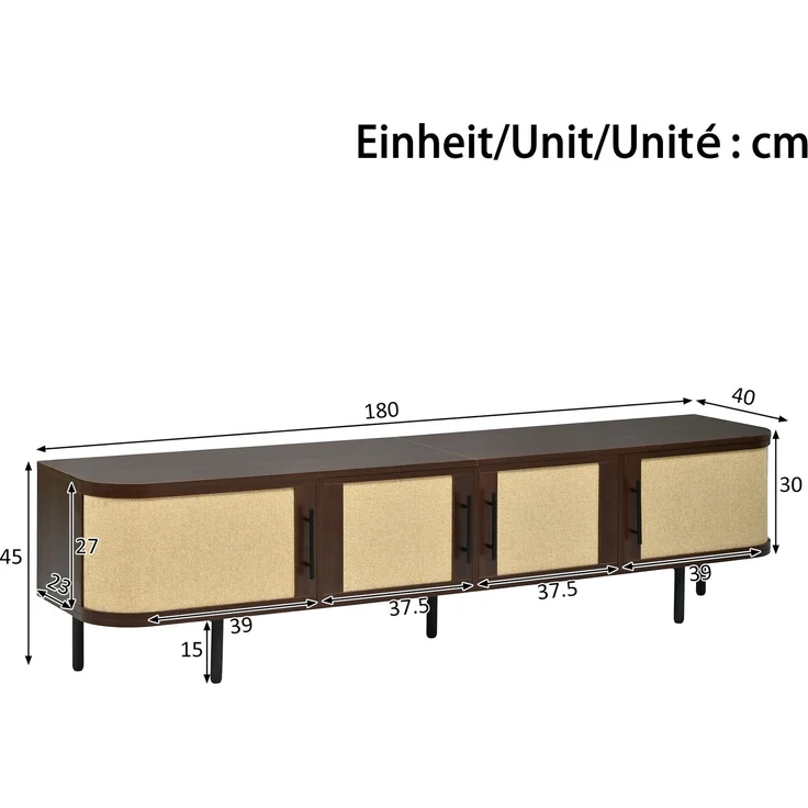 ZUBALIYA Wohnwand Set TV-Lowboard & Sideboard mit Geflechtfront / MDF-Korpus, MDF-Korpus, 120.00 x 40.00 x 82.00 cm, fürs Wohnzimmer, mit Schubladen, mit Stauraum, Samt, Walnuss – Bild 4