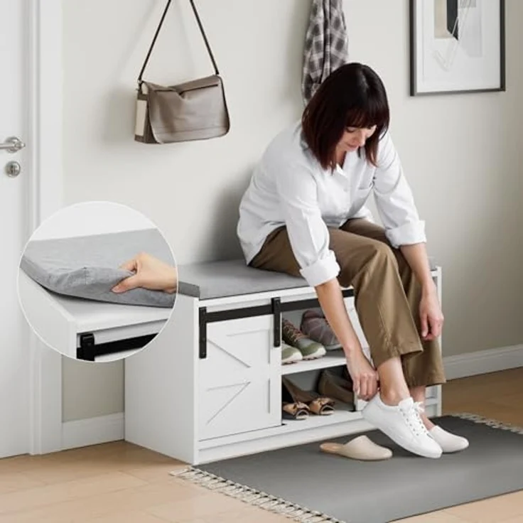 Mondeer Schuhbank mit Sitzfläche, Sitzbank mit Stauraum und Schiebetüren Abnehmbarem Sitzkissen, für Flur Eingang Schlafzimmer, 90 x 45 x 35 cm, Weiß – Bild 5