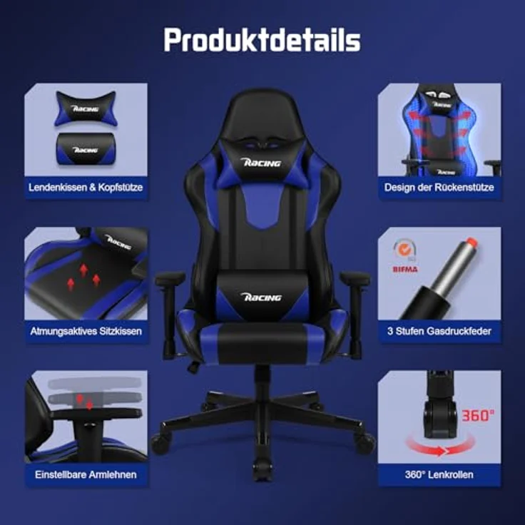Homimaster Gaming Stuhl, Bürostuhl Ergonomisch mit verstellbare Lendenkissen, Kopfkissen und Armlehnen, Gaming Chair Gepolstert, Gamer Stuhl Wippfunktion, Gaming Stuhl 150 kg Belastbarkeit – Bild 9