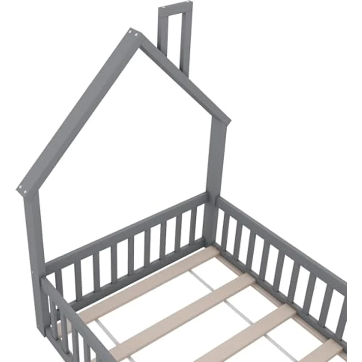 Ball & Cast Bodenbett (90x200 cm), Jugendbett und Hausbett mit Schornsteinform, Kinderbett 90x200 mit rausfallschutz, ohne Matratze, Grau – Bild 9