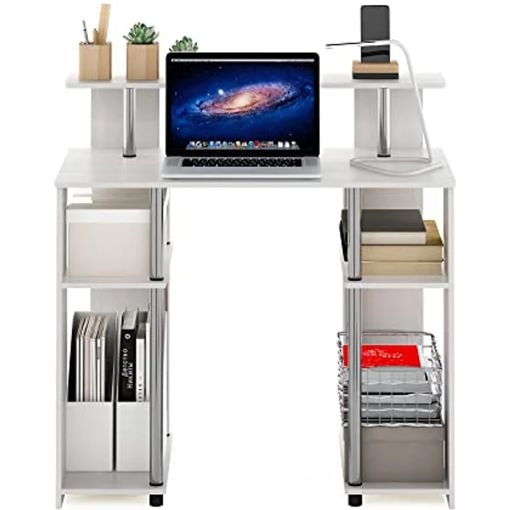 Furinno Jaya Computerschreibtisch im schlichten Design, Weiße Eiche, Edelstahlrohre – Bild 5