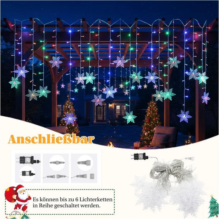 SERBASIC Lichtervorhang LED Schneeflocke Lichterkette, mit 8 Modi und Speicherfunktion, Timer, für Außen Weihnachten, Hochzeit, Balkon, Große Schneeflocke – Bild 3