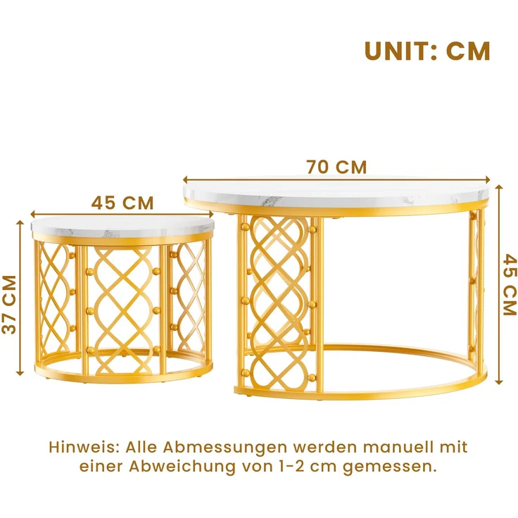 2er-Set Couchtisch nestbar 70x70x45 + 45x45x37 cm, Weiß Marmoroptik, Metallgestell Gold – Bild 10