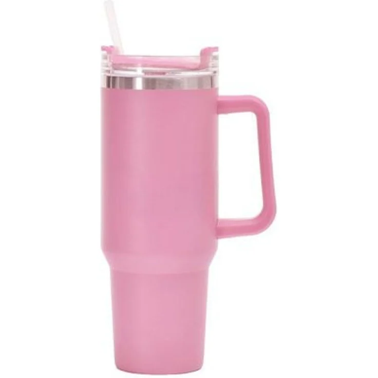 Thermobecher 1200 ml Rosa mit Henkel & Strohhalm – Edelstahl Isolierbecher – Bild 2