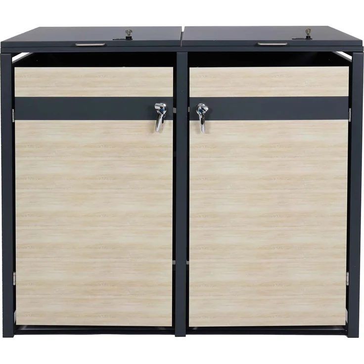 2er Mülltonnenverkleidung HWC-J82, Mülltonnenbox, erweiterbar, Metall 50kg, anthrazit ~ Buche-Holzoptik hellbraun – Bild 5