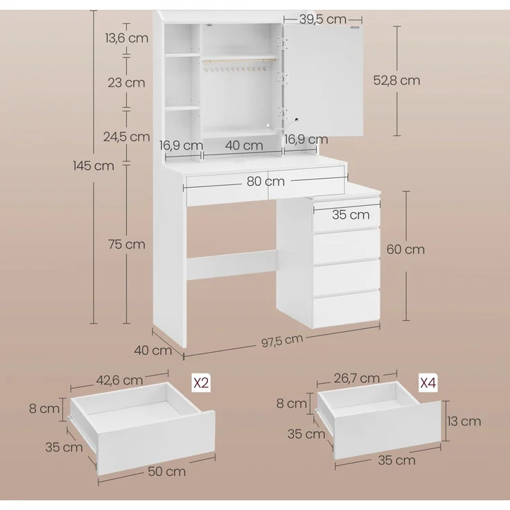 Vasagle Schminktisch mit Spiegel, Hocker und LED-Beleuchtung, Holzspanplatte Wolkenweiß, 97,5 x 40 x 145 cm – Bild 6
