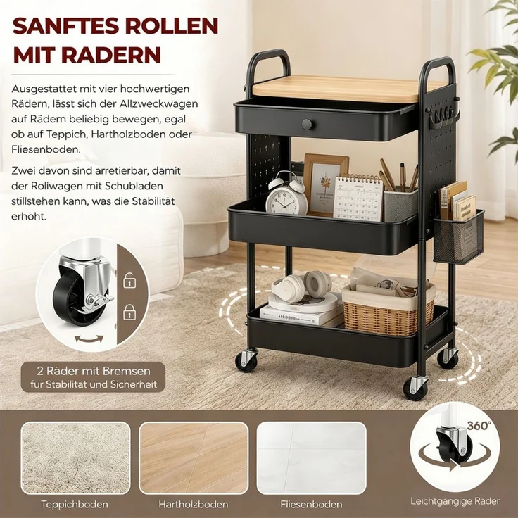 GLIESE Beistellwagen Vielseitiger Küchenwagen, Servierwagen, für Küche, Büro, Wohnzimmer, 2 Hängekörben, 4 Haken, 2 Lochplatten,1 Schublade, Bremsrollen, Griff – Bild 3
