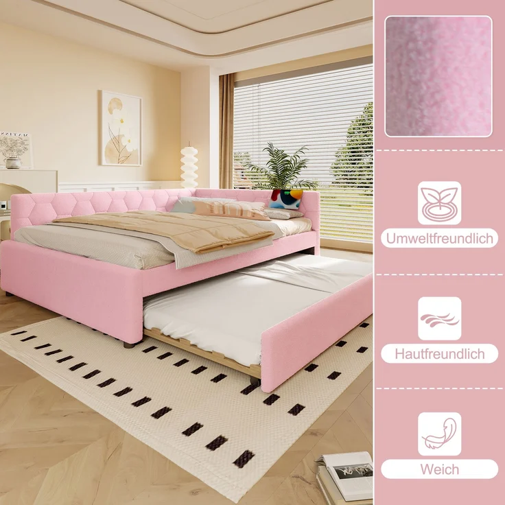 Daybett, 140*200cm Tagesbett, Schlafsofa, Bett mit Lattenrost (ohne Matratze), mit Nachttischlampe, mit multifunktionalem Ausziehbett, USB-Anschluss, Typ-C, Komfortmaterial, Vliesimitat, Rosa – Bild 3