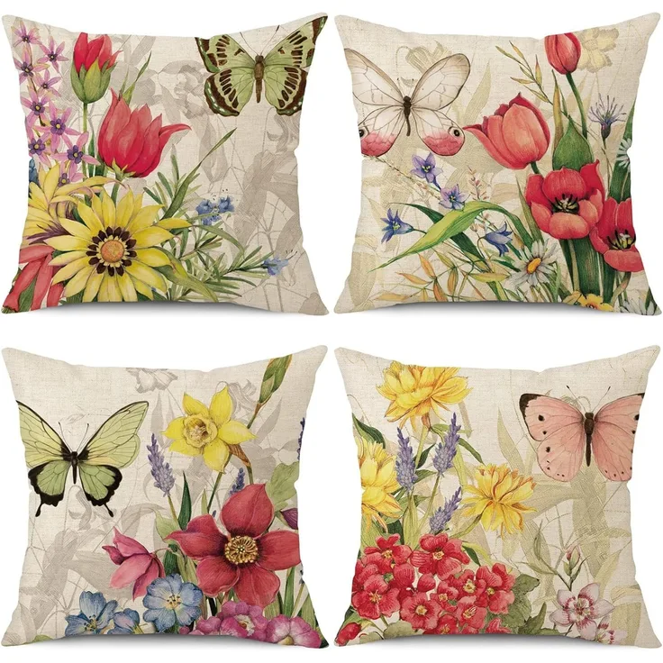 Kissenbezüge 45×45 cm 4er-Set Leinen Blumen Schmetterling, Frühling, Outdoor Couch