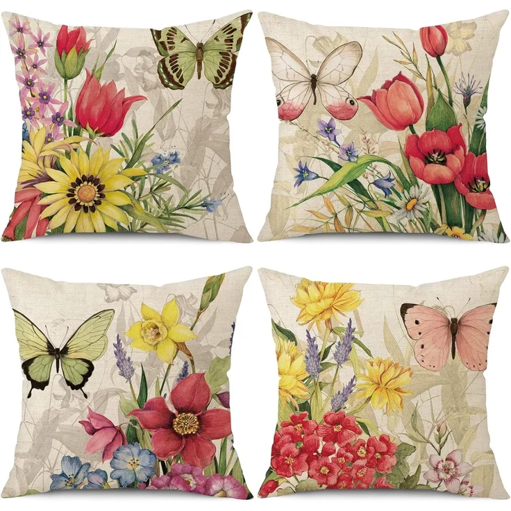 Kissenbezüge 45×45 cm 4er-Set Leinen Blumen Schmetterling, Frühling, Outdoor Couch – Bild 1