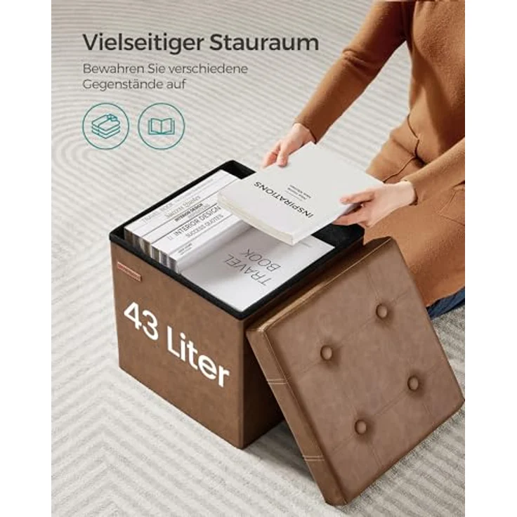 Songmics Sitzhocker 38 cm, Aufbewahrungsbox faltbar, Fußhocker mit Deckel, aus Kunstleder, bis 300 kg belastbar, für Eingang, Wohnzimmer, Schlafzimmer, kaffeebraun LSF030K11 – Bild 6