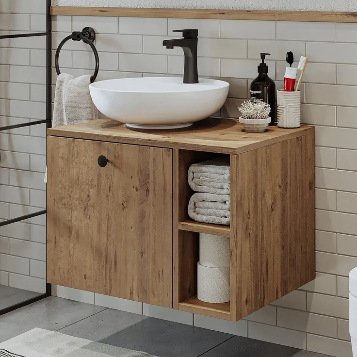 Skye Decor '2458' Badezimmerschrank mit Waschbecken, Atlantik-Kiefer, 65 x 58 x 45 cm