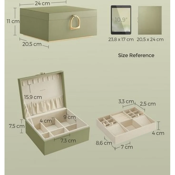 SONGMICS Schmuckkästchen 2 Ebenen, Schmuckkasten mit Griff, flexibles Schmucktablett, Schmuckbox, Schmuckaufbewahrung, schwebender Effekt, 20,5 x 24 x 11 cm, Weihnachten, lorbeergrün JBC165C02 – Bild 5