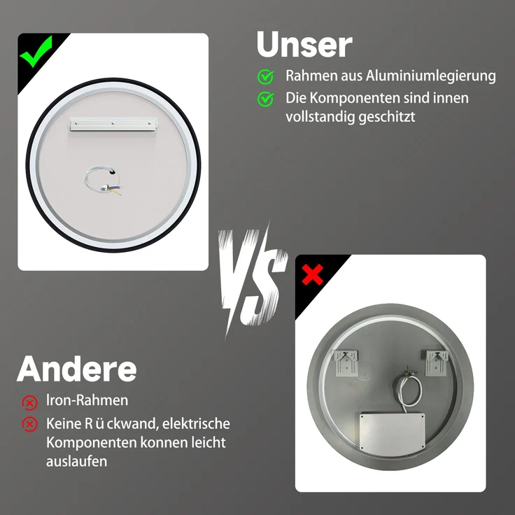 GIMBELEN LED Badezimmerspiegel 60 cm, runder Wandspiegel mit Beleuchtung für Badezimmer, 3 Lichtfarben (3000K/4000K/6500K), dimmbar, Touch-Schalter, Speicherfunktion, IP44, explosionssicheres Glas, rahmenloses Design, Aluminium, Weiß – Bild 4