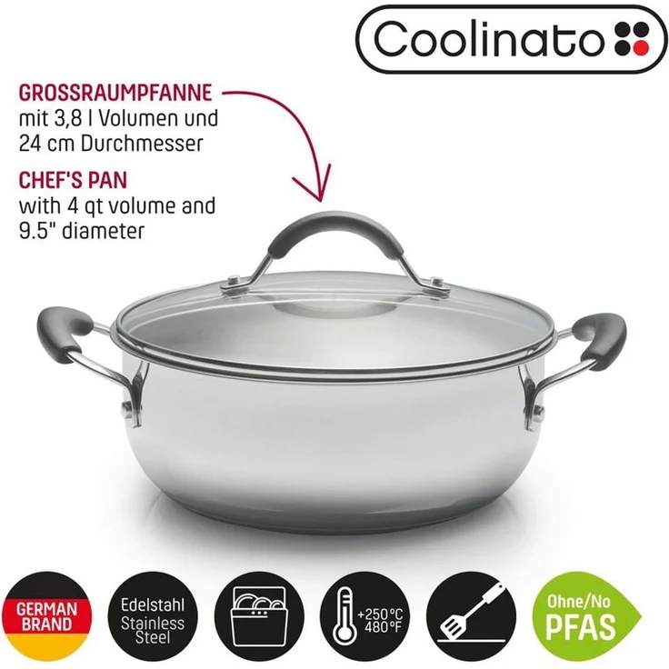 Coolinato Bratpfanne Coolinato Grossraumpfanne 24cm / 3,8l aus Edelstahl – unbeschichtet, (1-tlg) – Bild 1