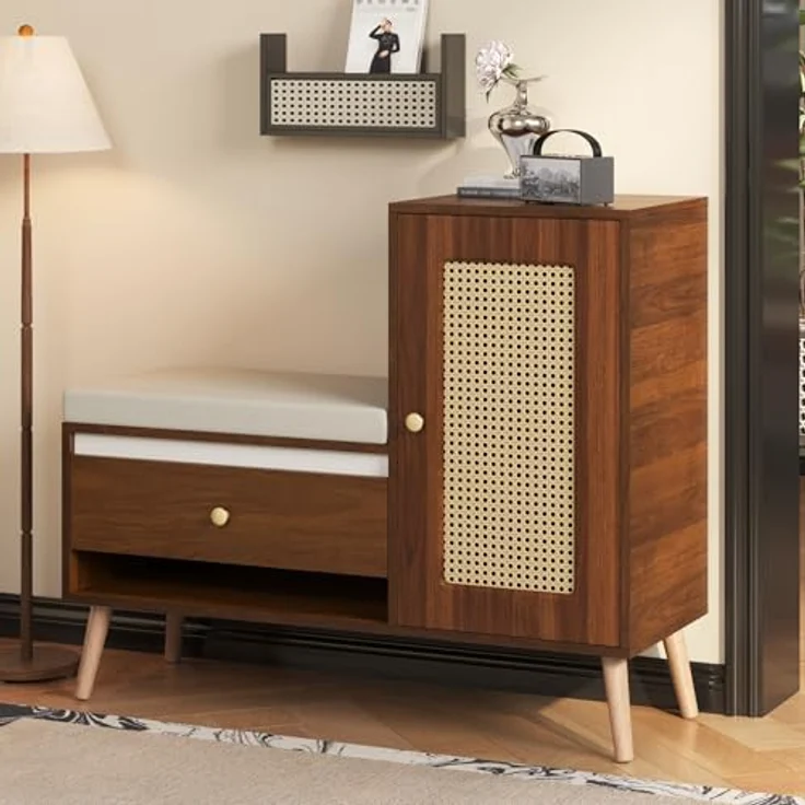 Schuhschrank Rattan Garderobenbank mit Sitzpolster, Walnussfarbe | Multifunktional, Schubladen & offene Fächer, Schranktür, 95,5×35×80cm – Bild 8