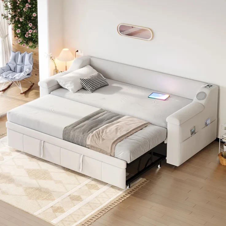 Polsterbett Schlafsofa, Armlehnen Breiter und Dicker, Mit Smart Bluetooth-Stereoanlage Mit USB-Ladeanschluss, Mit Ablagefächern, Mit Lattenrost, Samtstoff, Beige, 90/180*190 cm