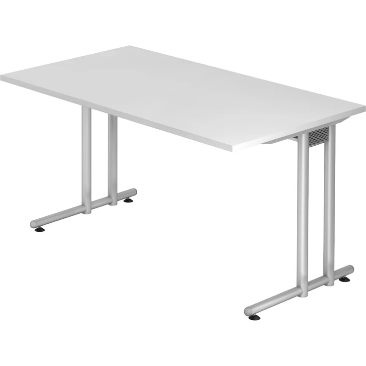 bümö Schreibtisch N-Serie 140x80 cm, Tischplatte aus Holz in weiß, Gestell aus Metall in Silber - PC Tisch, Computertisch für's Büro, Office Bürotisch, NS-14-W-S – Bild 1