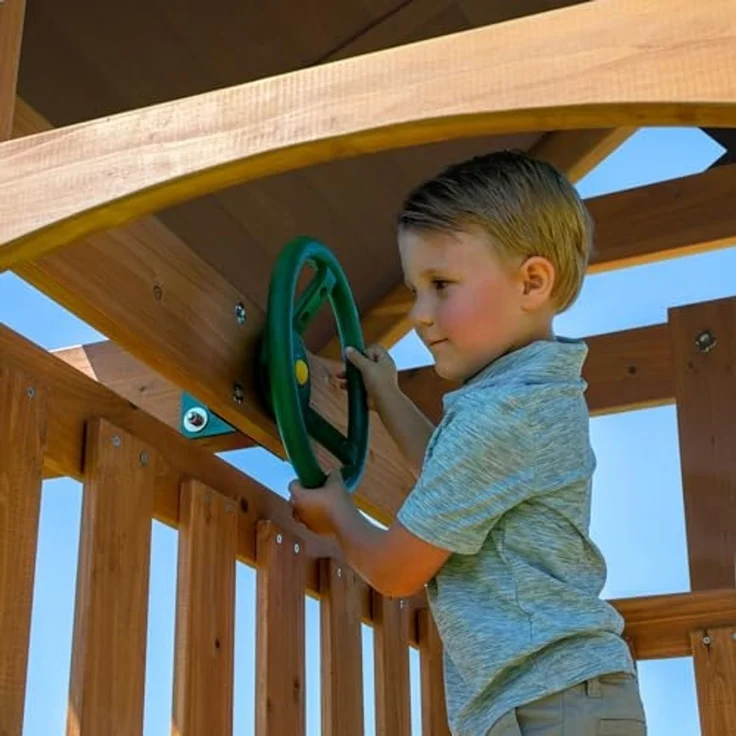 Backyard Discovery Spielturm Lightning Ridge aus Holz XXL-Kinderspielhaus mit Doppelschaukel/Rutsche/Kletterwand/Leiter/Sandkasten/Zubehör inklusive | Braun, grün | Holz | 380 cm – Bild 7