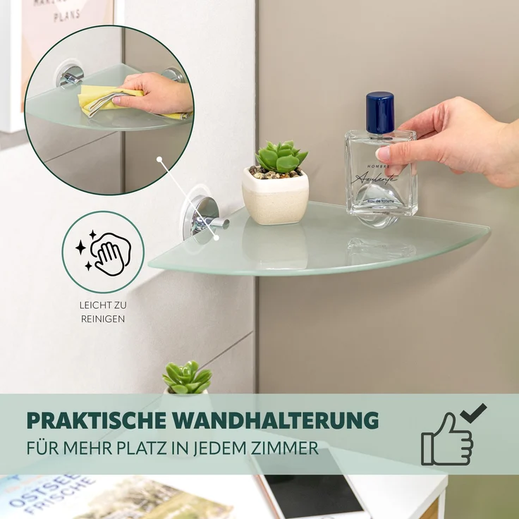 bremermann Bad-Serie LUCENTE - Glaseckablage inkl. Klebeset, Glasregal, Badregal aus Glas und Edelstahl, verchromt – Bild 4