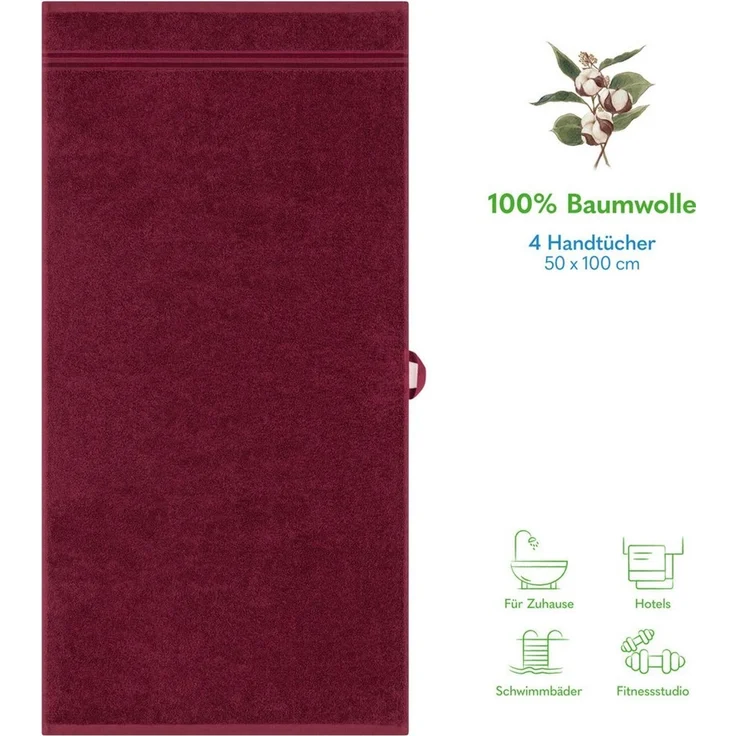 Hammetex 4er Badetuch Set, 100% Baumwolle Premium Qualität Groß 50x100 cm Duschtuch, Weich Saugstark Schnell Trocknendes, Bordeauxrot – Bild 2