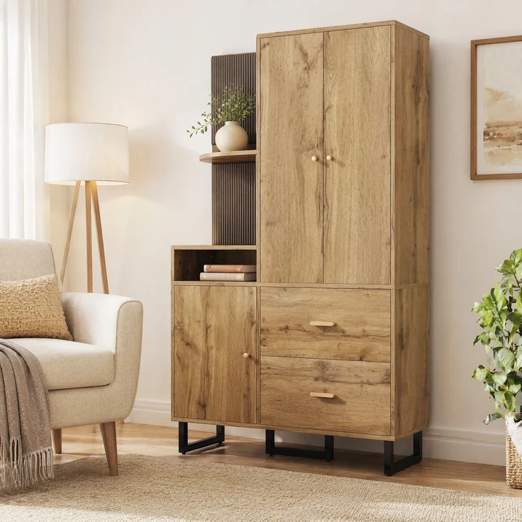 CHICFURN Schrank 110x186x38 cm mit Schubladen, aus MDF – Garderobe mit Kleiderstange Schwarz,Natur – Bild 1