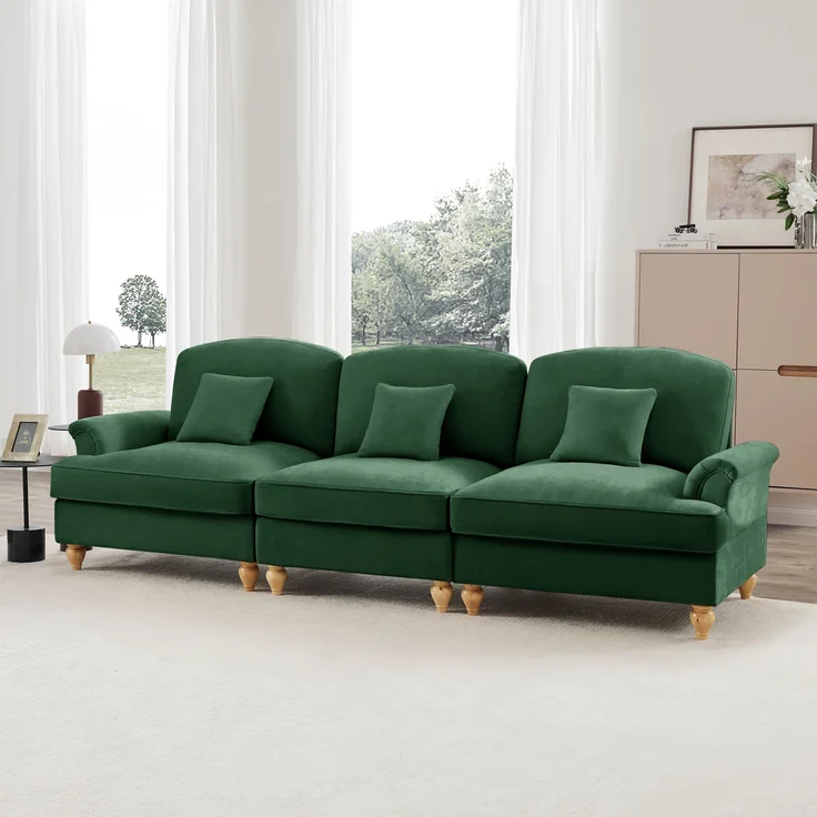 Elegantes Mid-Century 3-Sitzer Sofa, Chenille, Trichter-Armlehnen, abnehmbare Rüschenschürze, spindelförmige Beine, komfortables Sofa fürs Wohnzimmer, Grün – Bild 5
