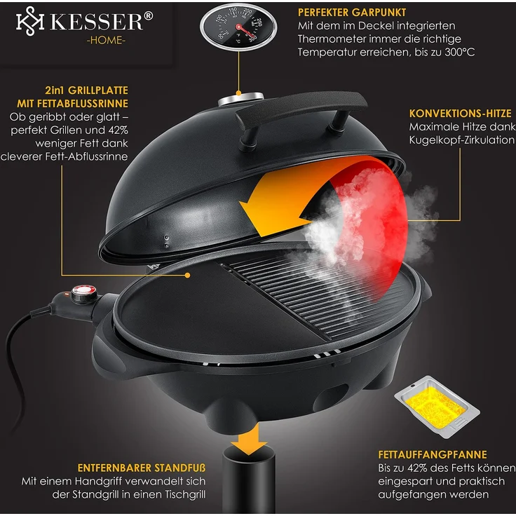 KESSER® elektrischer Elektrogrill 2in1 Tischgrill - Standgrill mit Deckel Standfuß | max. 2400 Watt Thermometer | Antihaftbeschichtung | XXL Grillplatte | integrierte Ablagefläche Elektro-Säulengrill Schwarz - Set – Bild 5