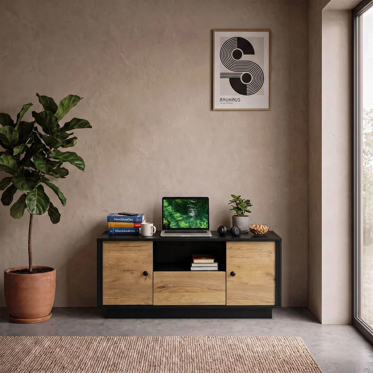 Couchtisch 100 x 50 x 45 cm, mit Schubladen, mit Ablagefächern, aus Spanplatte, Mattschwarz / Naturfarben – Bild 1