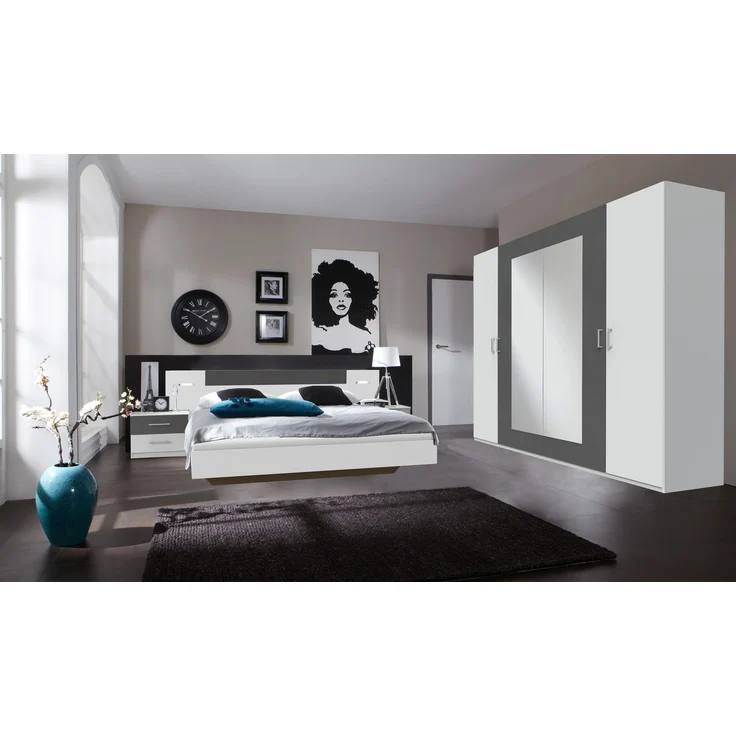 Komplettschlafzimmer >ANGIE< in WEISS + GRAPHIT - 519x208x210cm (BxHxT) – Bild 1