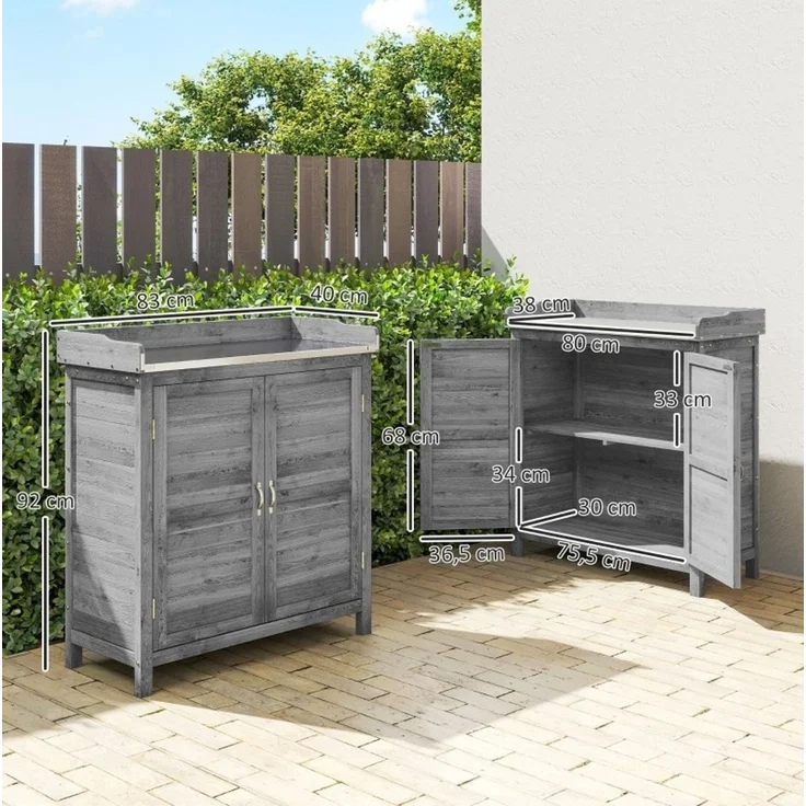 Gartenschrank mit Pflanztisch, 92 cm hoch, aus Fichtenholz mit verzinkter Arbeitsplatte, grau – Bild 3
