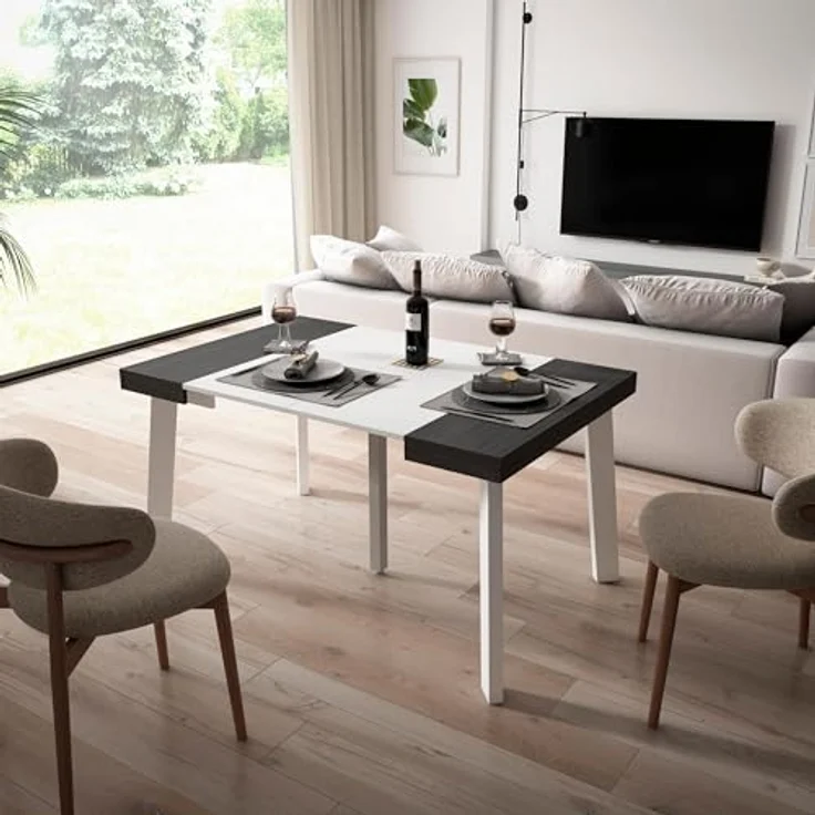 Skraut Home | Ausziehbarertisch | Multifunktionaler ausziehbarer | 140 | Für 6 Gäste | Hölzerne Beine | Moderner Stil | Weiß und Schwarz – Bild 2