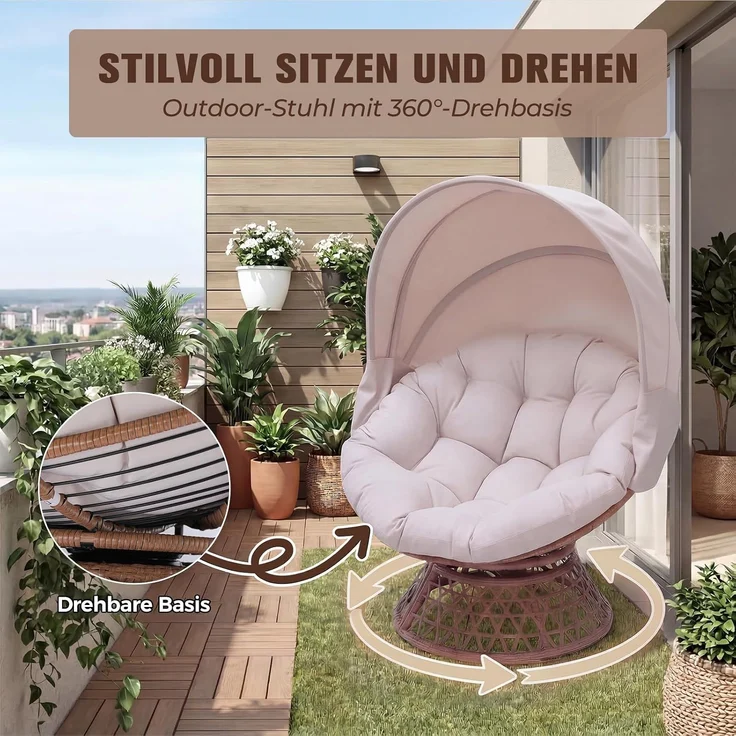 COMHOMA Papasansessel, gemütlicher Drehsessel mit Kissen rund, bequemer Rattansessel, Loungesessel drehbar, runder Relax Korbsessel Rattan für Wohnzimmer, Leseecke, Lounge - BEIGE – Bild 5