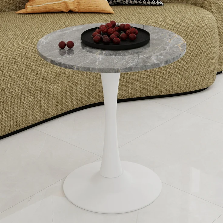 Novelux Runder Esstisch 70 cm Weißer Couchtisch Mid-Century Tisch für 2-4 Personen – Marmor Optik Tischplatte dunkelgraue Adern, Kompakter Bistrotisch – Bild 9
