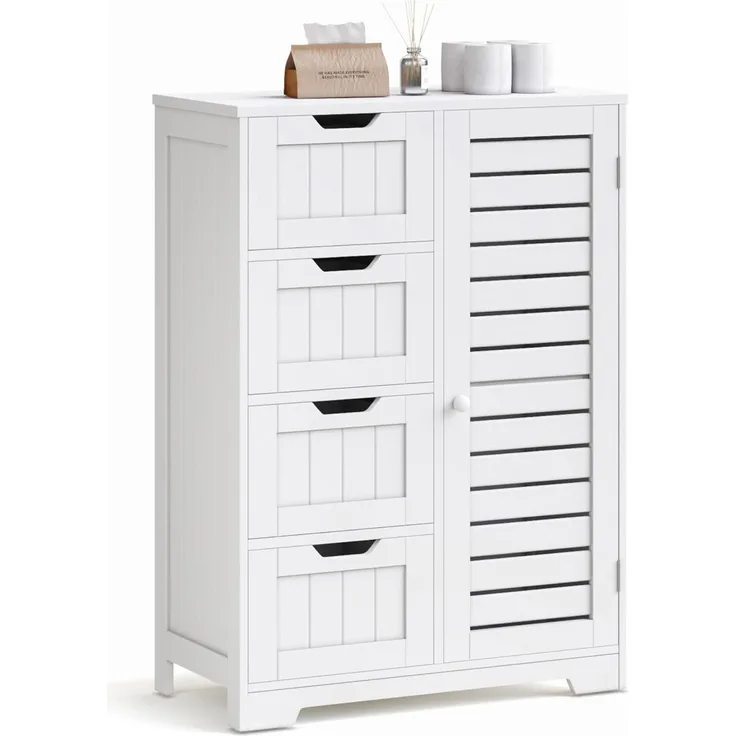 Mondeer Badkommode Badezimmerschrank (Moderne Shutter Design), mit 4 Schubladen 1 Tür,56 x 30 x 82,5cm, Weiß