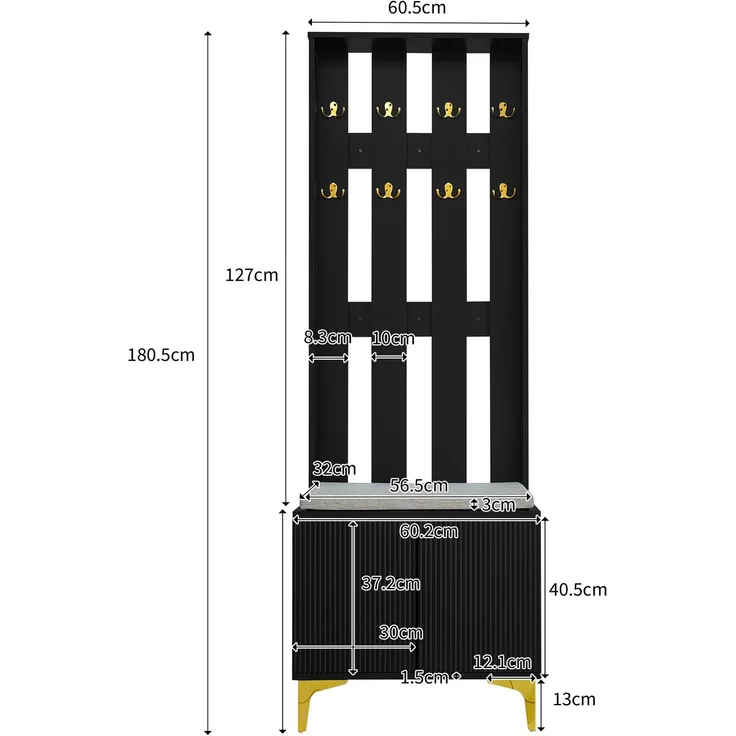 Garderobenset 60,5x35,2x180,5 cm, mit Schuhbank, Kissen, Wellenfront und Push-to-open in Schwarz/Gold – Bild 5