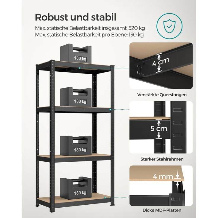 Songmics Schwerlastregal mit 5 Ablagen, Stahl / MDF, Schwarz, 160 x 40 x 80 cm – Bild 3