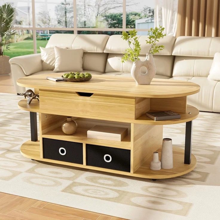 Couchtisch mit Hebefunktion Holzmaserung Schwarz Multifunktion Arbeitstisch & Stauraum – Bild 2