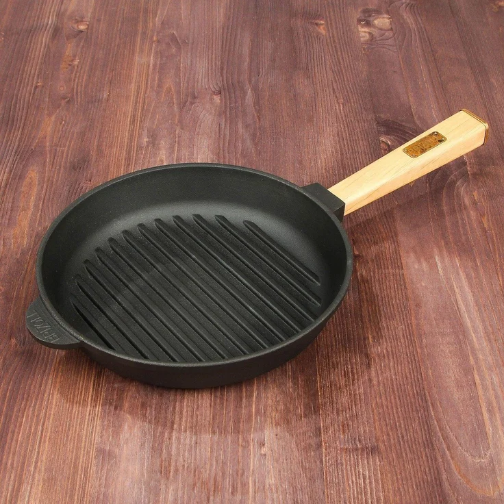 Ø26cm Grillpfanne Gusseisen mit Pressdeckel Induktion Holzgriff Bratpfanne Pfanne Feuerpfanne – Bild 7