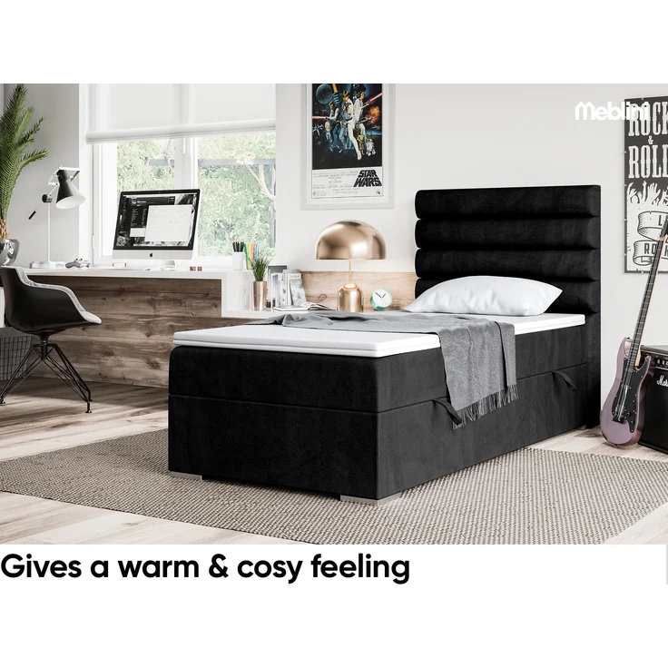 MEBLINI Boxspringbett KARIM 90x200 cm mit Bettkasten - H3/Schwarz Samt Gepolstert Einzelbett mit Topper & Taschenfederkern-Matratze - 90x200 Rechts – Bild 3