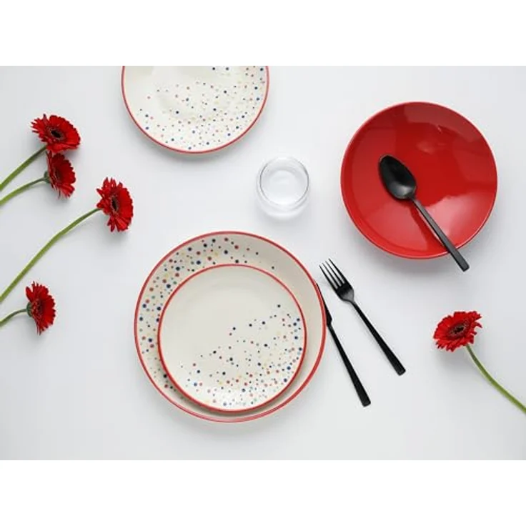 Creatable Tafelservice Joy, 12-teiliges Geschirrset in Creme und Rot, handbemalt, lebensmittelecht, stapelbar, Punkte-Design – Bild 5