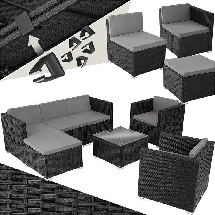 tectake® Poly Rattan Lounge, Outdoor Sitzgruppe, Set mit Sofa, 2 Sesseln, Hocker, Tisch, frei kombinierbar, Gartenmöbel für 5-6 Personen, für Garten Terrasse Balkon, inkl. Polster - schwarz